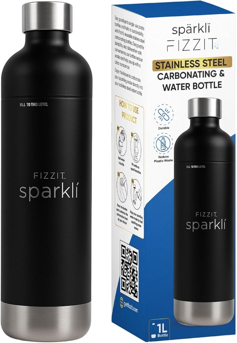 Fizz It FIZZIT Black Stainless Steel Carbonation Bottle | Compatible with Some Soda Makers | Reusable Sparkling Water Bottle, Dishwasher Safe, BPA-Free (SSB-B) - Image 1